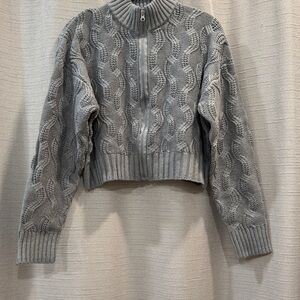 Forever 21 Gray Zip-Up Cable Knit Mock Neck Sweater Cardigan Women’s Size M